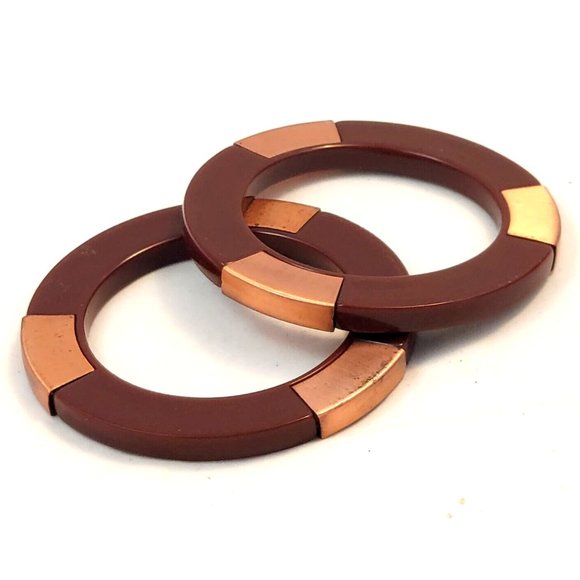 Bangle Bracelets Set Of 2 Brown Lucite Acrylic Rose Gold Tone Brass Vintage 1990 - Picture 1 of 6